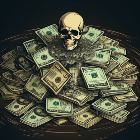 a skull sitting on top of a pile of moneyの素材