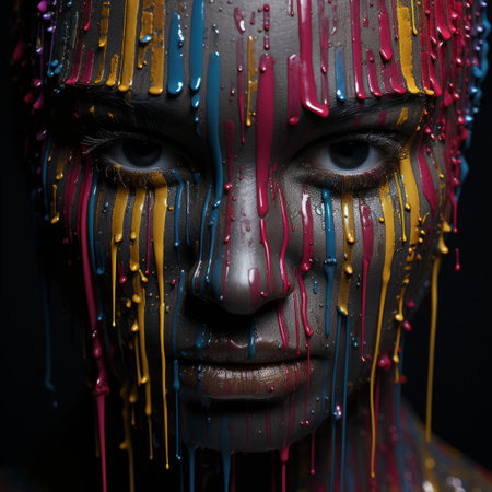 a woman with paint dripping down her faceの素材