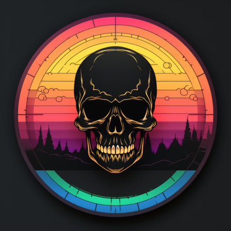a skull with a rainbow background and a mountain in the backgroundの素材