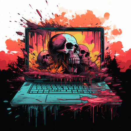 an illustration of a laptop with skulls on itの素材