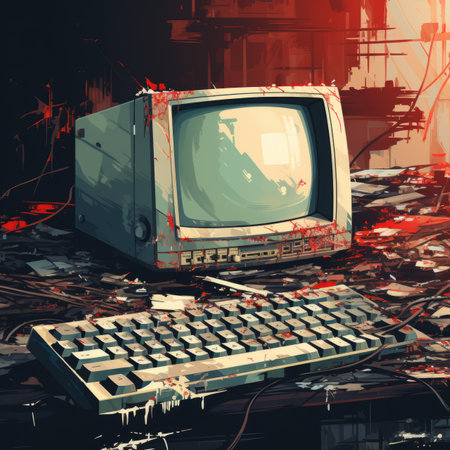 an old computer and keyboard on a tableの素材