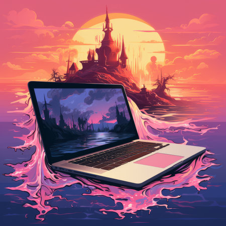 an open laptop on the water with a castle in the backgroundの素材