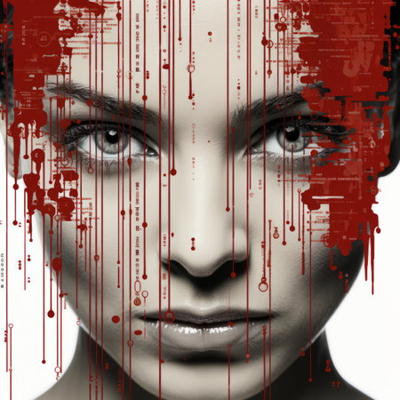 an image of a woman with blood dripping down her faceの素材