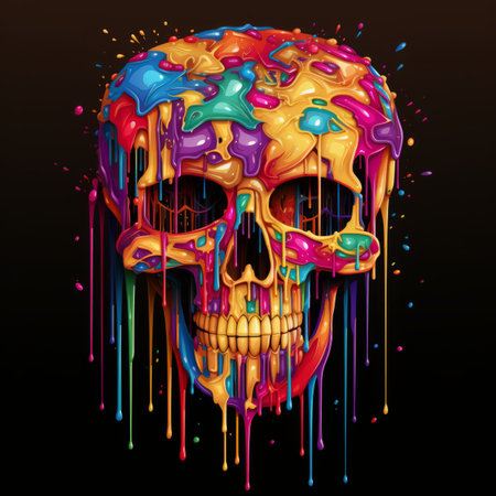 colorful skull with dripping paint on a black backgroundの素材