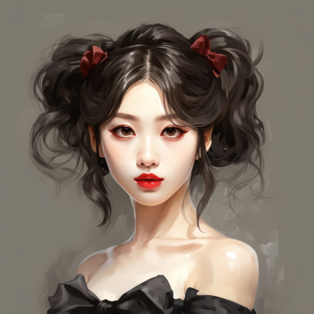 a digital painting of a girl with black hair and red lipsの素材