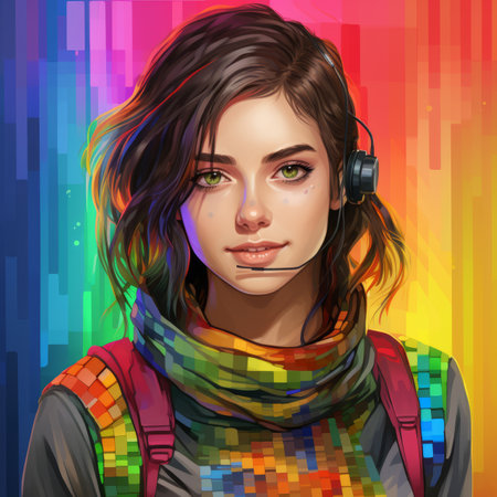 a girl with headphones and a colorful backgroundの素材