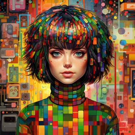 a painting of a woman with colorful hair in front of a colorful backgroundの素材