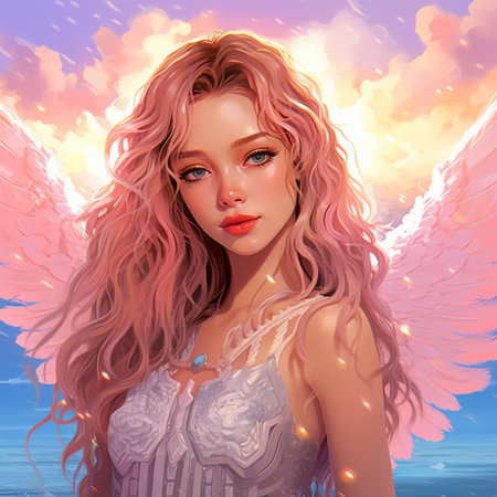 an illustration of a beautiful girl with pink wingsの素材