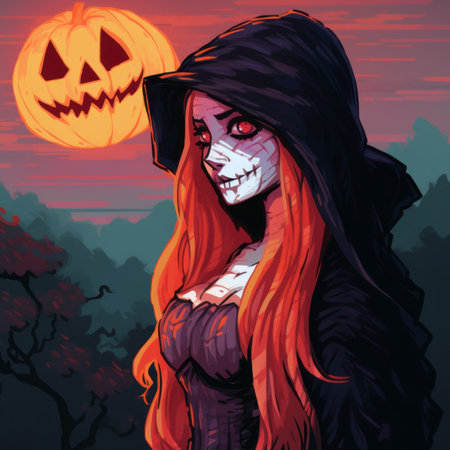 an illustration of a woman with red hair and a black hood standing in front of a pumpkinの素材