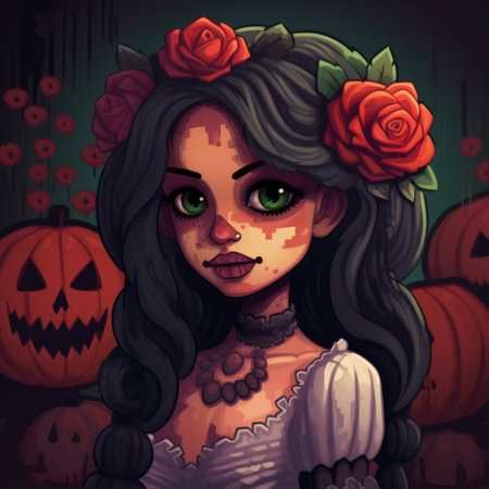 day of the dead girl with flowers and pumpkinsの素材