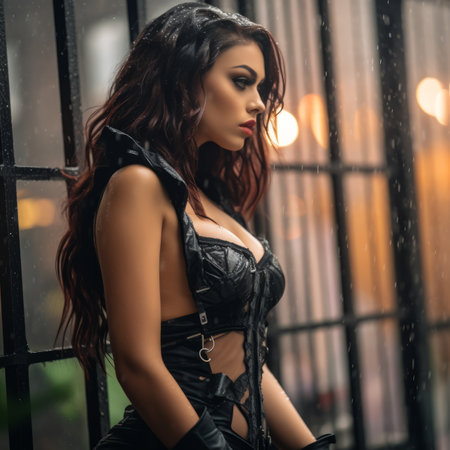 a beautiful woman in a leather corset standing in the rainの素材