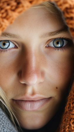 a close up of a woman with blue eyesの素材