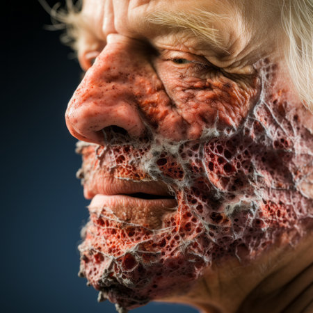 a close up of an old mans face covered in bloodの素材