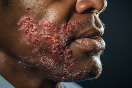 a close up of a man with a rash on his faceの素材