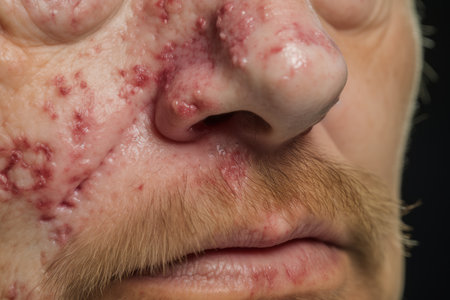 a close up of a man with a rash on his faceの素材