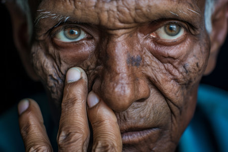 a close up of an old man with wrinkles on his faceの素材