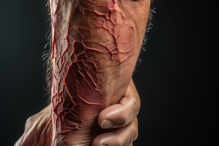 a close up of a mans arm with a red rash on itの素材