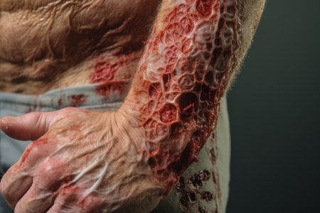 a close up of a mans arm covered in bloodの素材