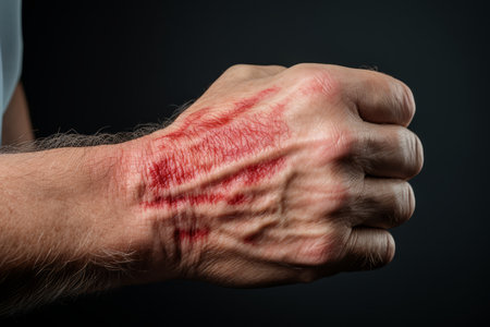 a mans hand with a red mark on itの素材
