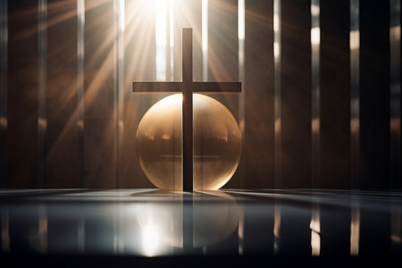 a cross and a golden egg on a table in a dark roomの素材