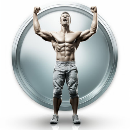 a bodybuilde standing in front of a silver circleの素材