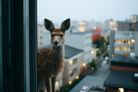 a deer is standing on a window sill looking out at the cityの素材