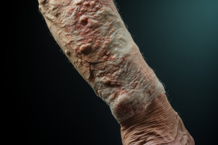 a close up of an old mans arm with a rash on itの素材