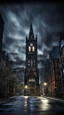 a dark and stormy night with a clock tower in the backgroundの素材