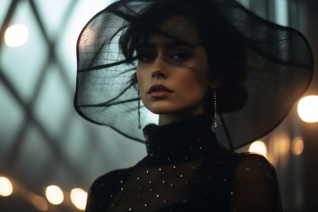 a woman in a black dress and hatの素材