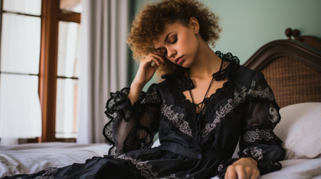 a woman in a black dress sitting on a bedの素材