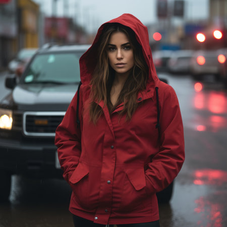 a woman in a red jacket standing in the rainの素材