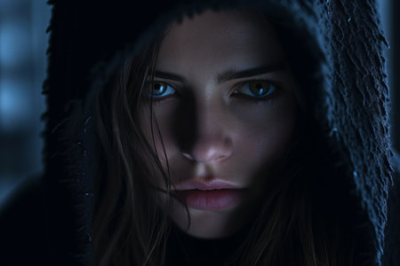 a woman with blue eyes in the darkの素材