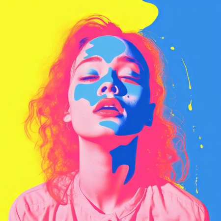 a woman with colorful paint on her faceの素材