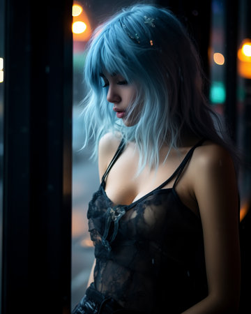 a woman with blue hair sitting on a window sillの素材