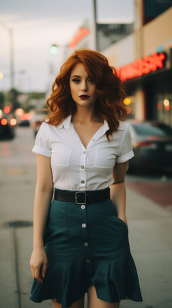 a woman with red hair and a white shirt is standing on a city streetの素材