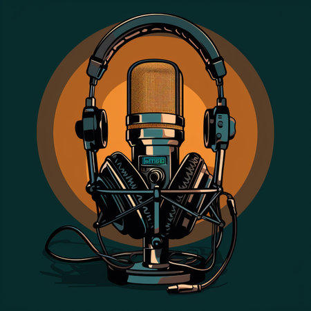 an illustration of a microphone and headphones on a dark backgroundの素材