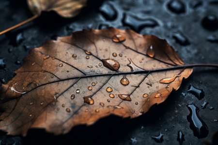 an autumn leaf with water droplets on itの素材