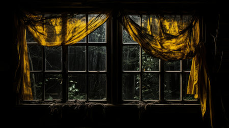 an old window with yellow curtains in the darkの素材