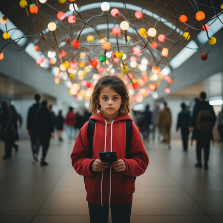 a young girl in a red jacket standing in front of colorful lightsの素材