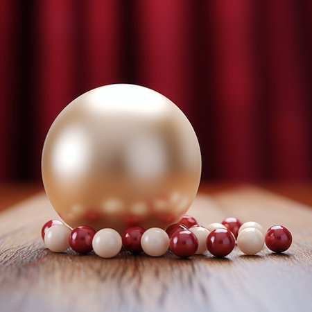 golden christmas ball and red beads on a wooden tableの素材