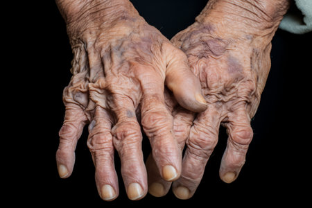 an older womans hands with wrinkled skinの素材