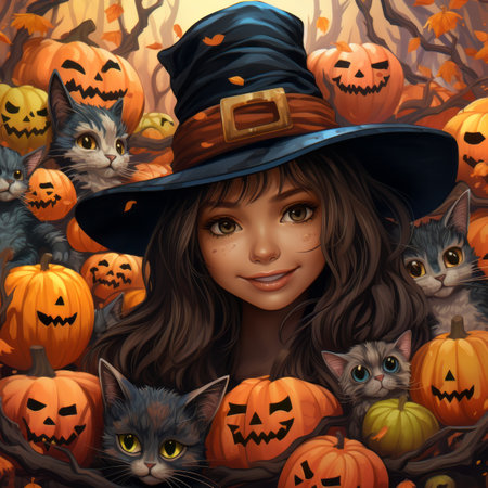 a girl in a witch hat surrounded by cats and pumpkinsの素材