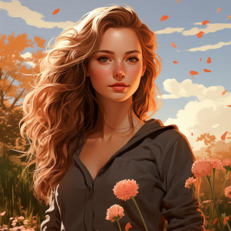 a girl with long hair standing in a field of flowersの素材