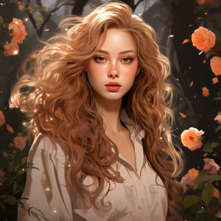 a painting of a woman with long wavy hair in the woodsの素材