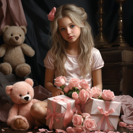 a little girl is sitting on the floor with a bunch of pink roses and a teddy bearの素材