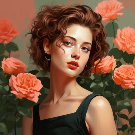 a painting of a beautiful woman with rosesの素材