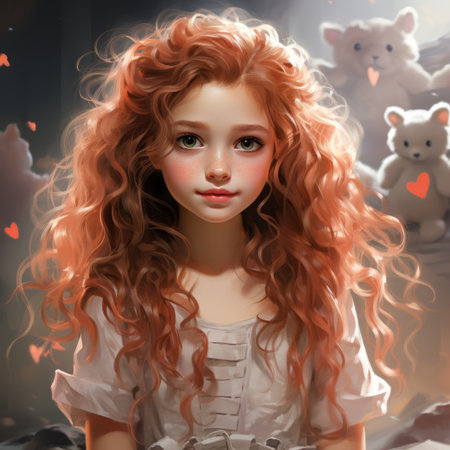 a painting of a girl with red hair and teddy bearsの素材
