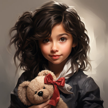 a painting of a young girl holding a teddy bearの素材