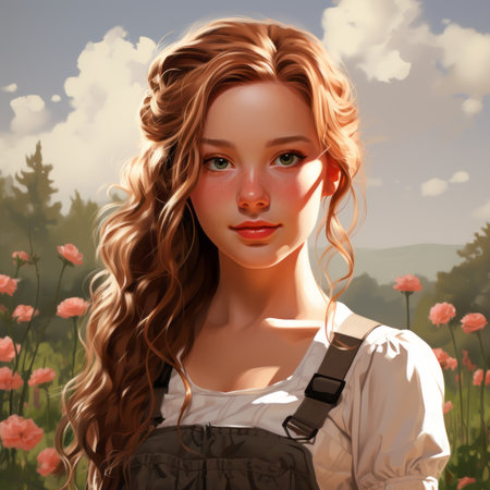 a painting of a young woman in a field of poppiesの素材