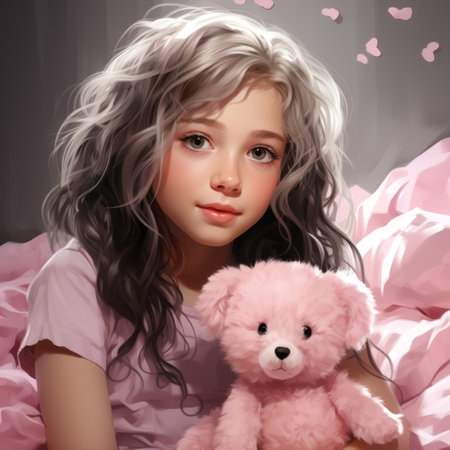a painting of a young girl holding a teddy bearの素材
